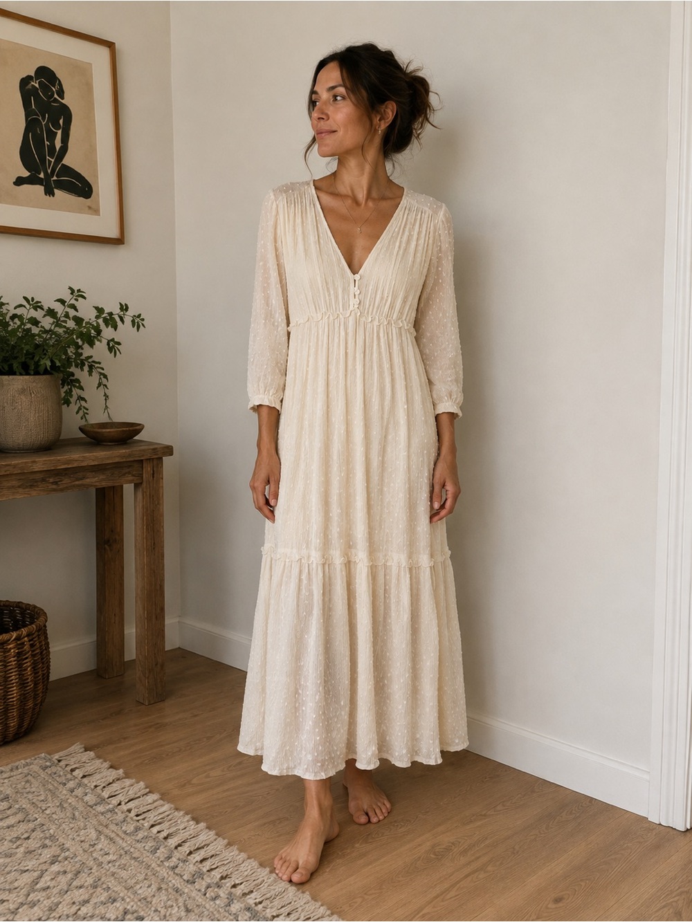 Boho, Cream Long-Sleeve Maxi Dress with Swiss Dot Texture